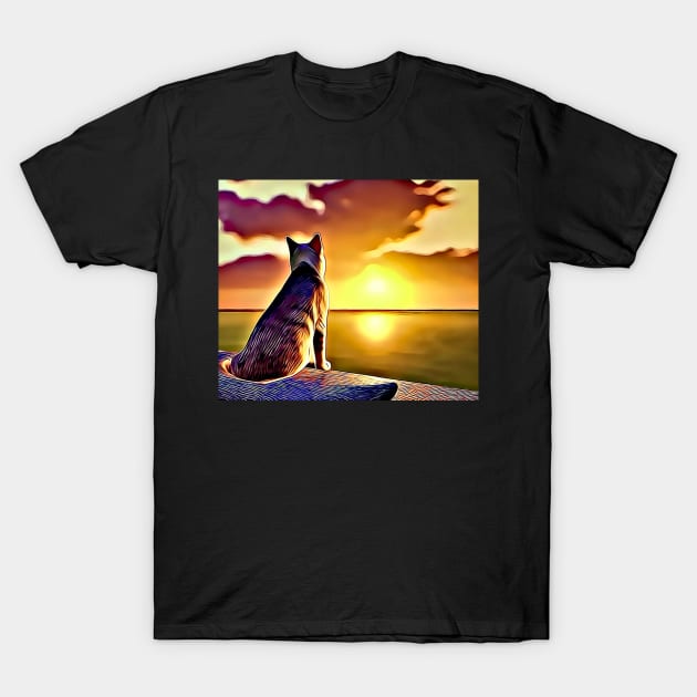 Cat Looking At Sunset - Cute Cat Lover Gift T-Shirt by BubbleMench